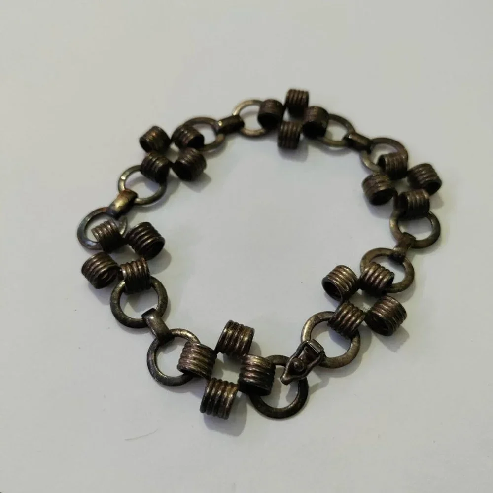 Vintage 925 Sterling Silver Chunky Linked Rings Bracelet Modernist Wire Wrapped